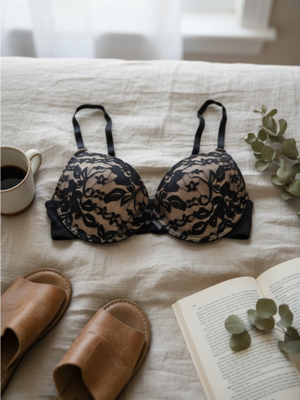 Forever 21 Black Lace Overlay Bra on Nude Base